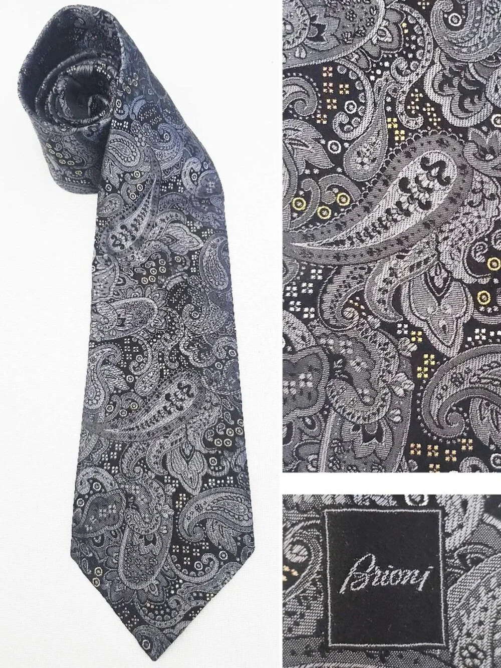 Brioni Men's Jaxaurd Paisley Silk Tie Black Silver Gray Gold DIS. 2F538 Italy